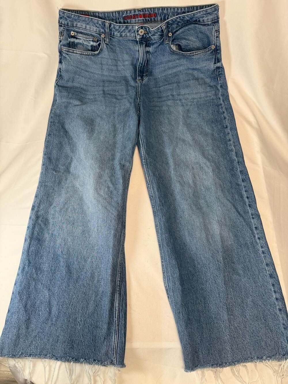 Lucky Brand Baggy Wide Leg Blue Jeans Raw Hem Size 14/32 R Y2K 90s Boho